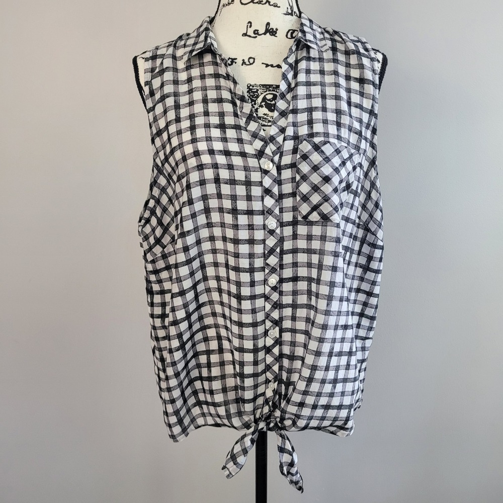 J. Jill silk blend‎ gingham check collared button up tank tie front country